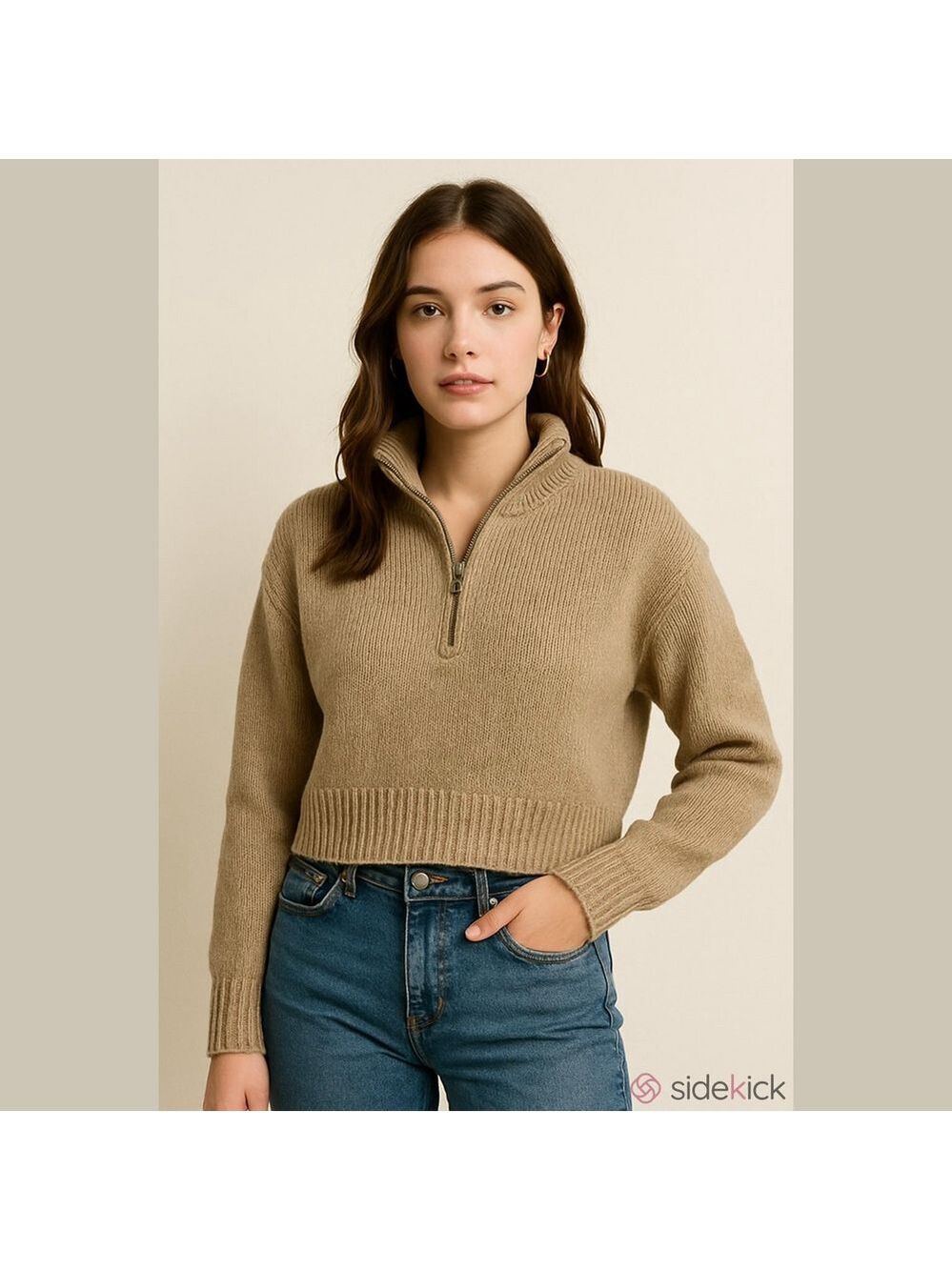Cupcake Boutique Camel Knit Quarter Zip Cropped Small